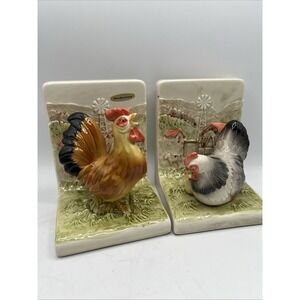Vintage OMC Made In Japan Ceramic Rooster And Hen Bookends Farmhouse